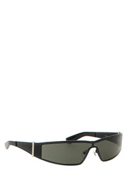 Visão lateral dos óculos de sol Alexander McQueen em acetato preto polido, destacando o design das têmporas esculturais.