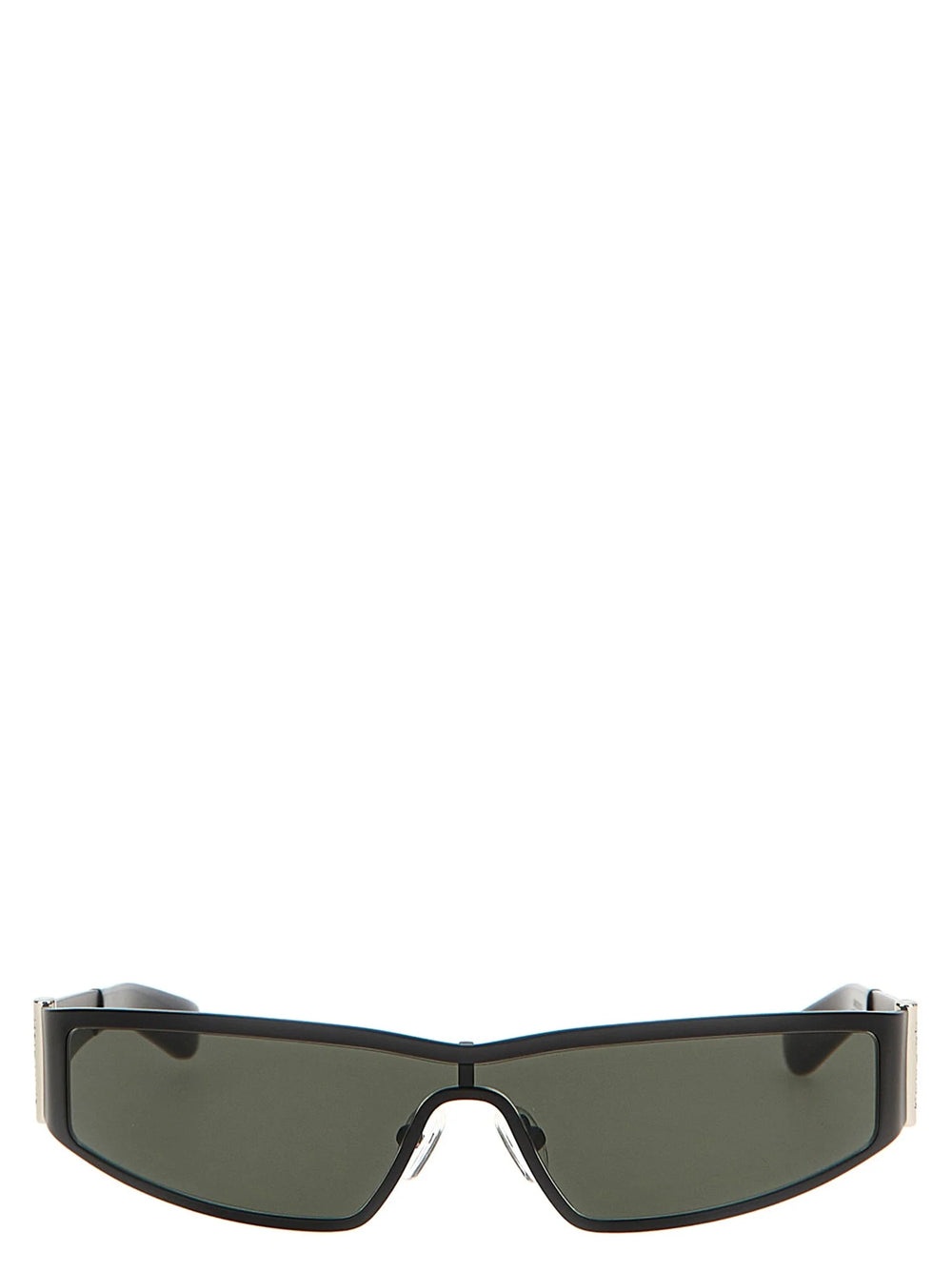 Vista frontal dos óculos de sol pretos Alexander McQueen com armação retangular ousada e lentes de cor escura.