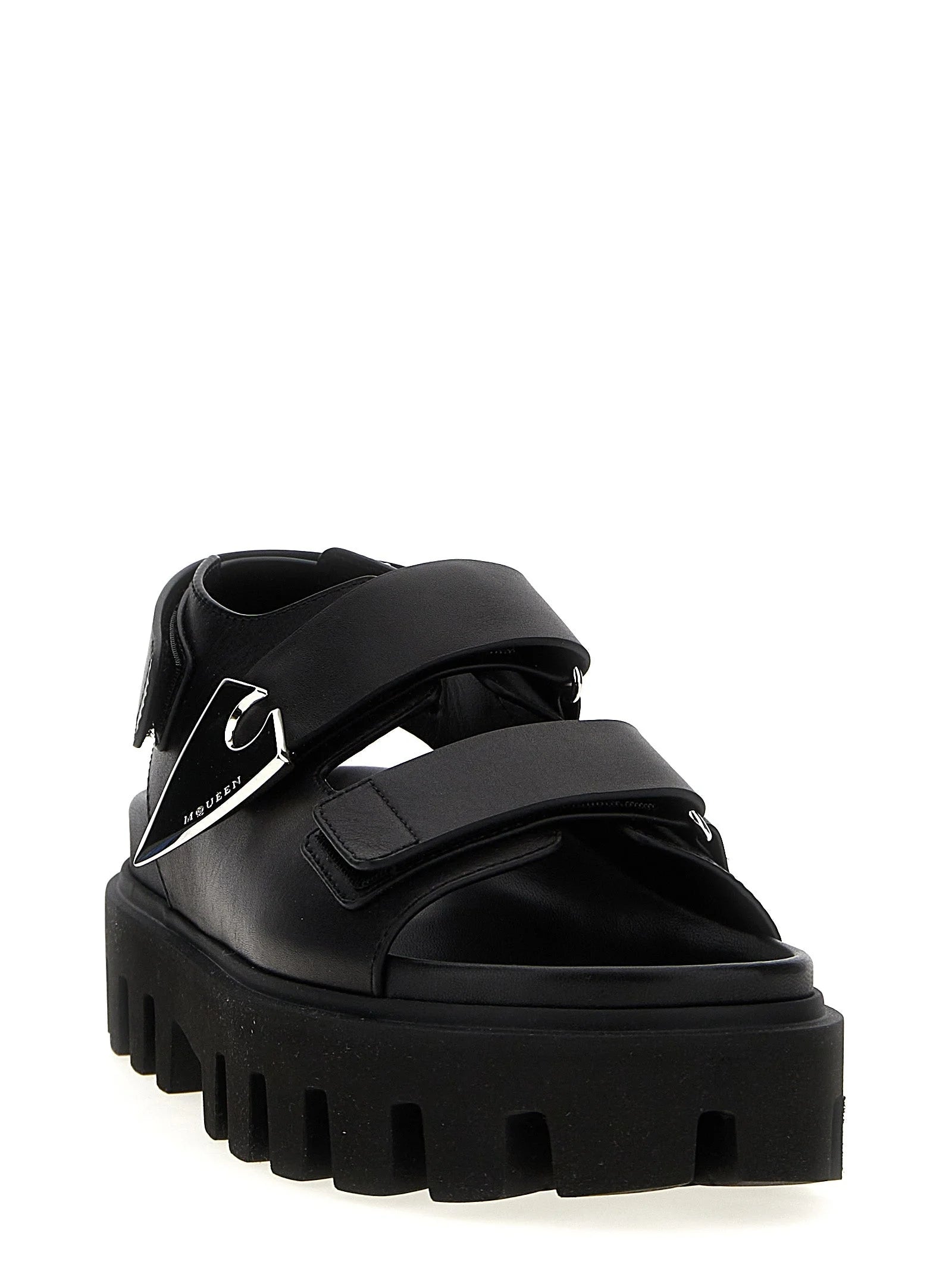 Alexander McQueen Black Calf Leather Bos Taurus Flat Sandals - EU38/US8