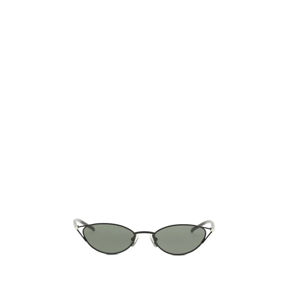Vista frontal dos óculos de sol Alexander McQueen pretos em metal para mulher, com uma moldura retangular elegante e minimalista.
