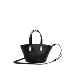 Perfil lateral da bolsa de couro preta Alexander Wang exibindo a biqueira fina e o acabamento de borda refinado.