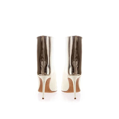 Close-up of the glossy patent leather texture and intricate multicolor print on these luxury Alexandre Vauthier boots.