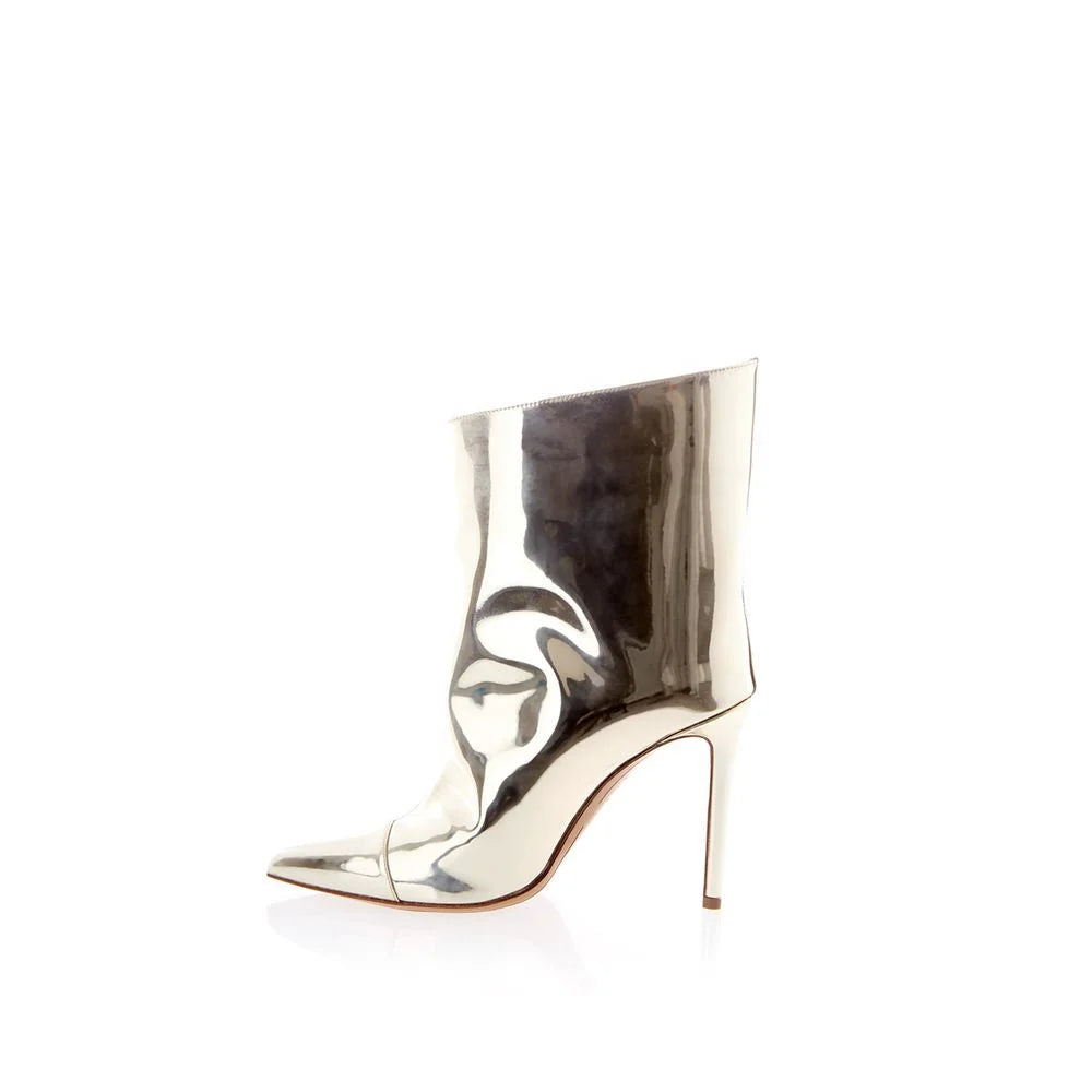 Rear view of the multicolor Alexandre Vauthier ankle boots highlighting the precise heel construction and seam detail.