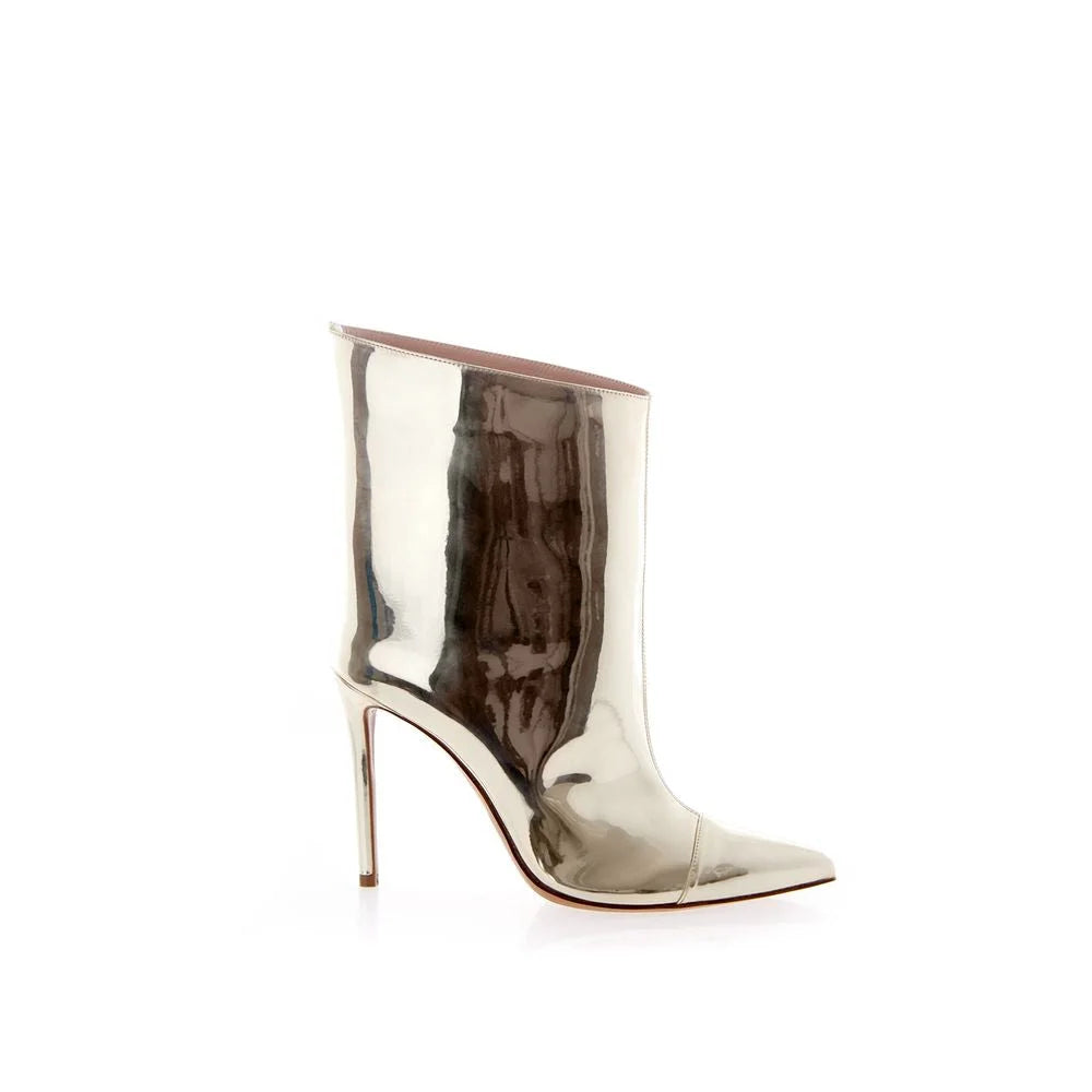 Alexandre Vauthier multicolor patent leather ankle boots featuring a vibrant abstract pattern and pointed toe.