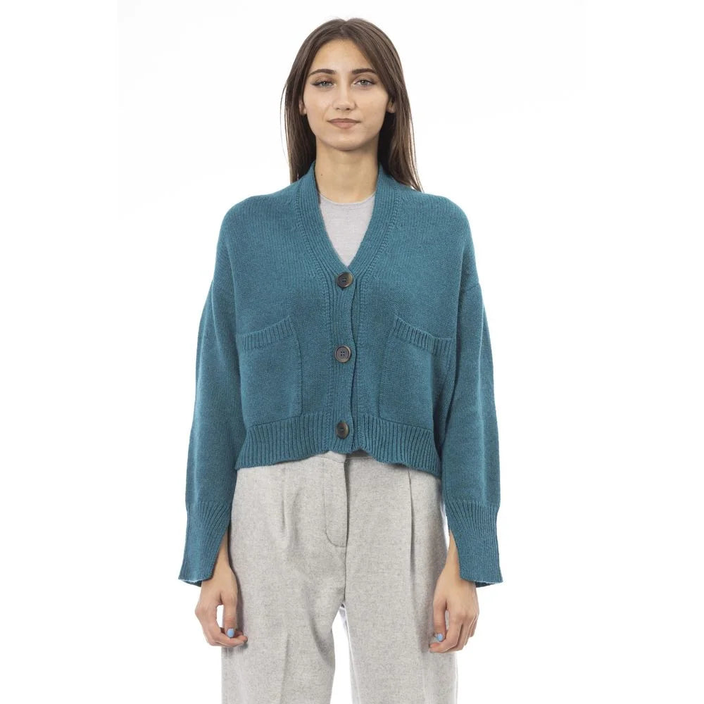 Alpha Studio Teal Merino Wool Women Cardigan - Cardigans