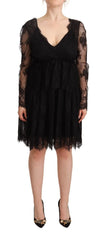 Aniye By Black Floral Lace Cotton Long Sleeves V-neck Shift Dress - IT44|L - Dresses