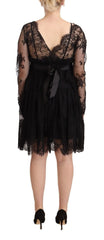 Aniye By Black Floral Lace Cotton Long Sleeves V-neck Shift Dress - IT44|L - Dresses