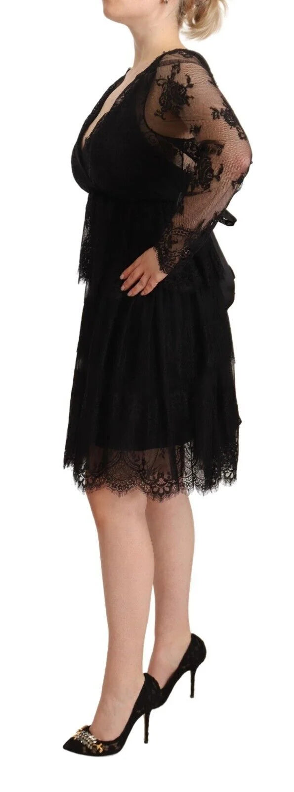 Aniye By Black Floral Lace Cotton Long Sleeves V-neck Shift Dress - IT44|L - Dresses