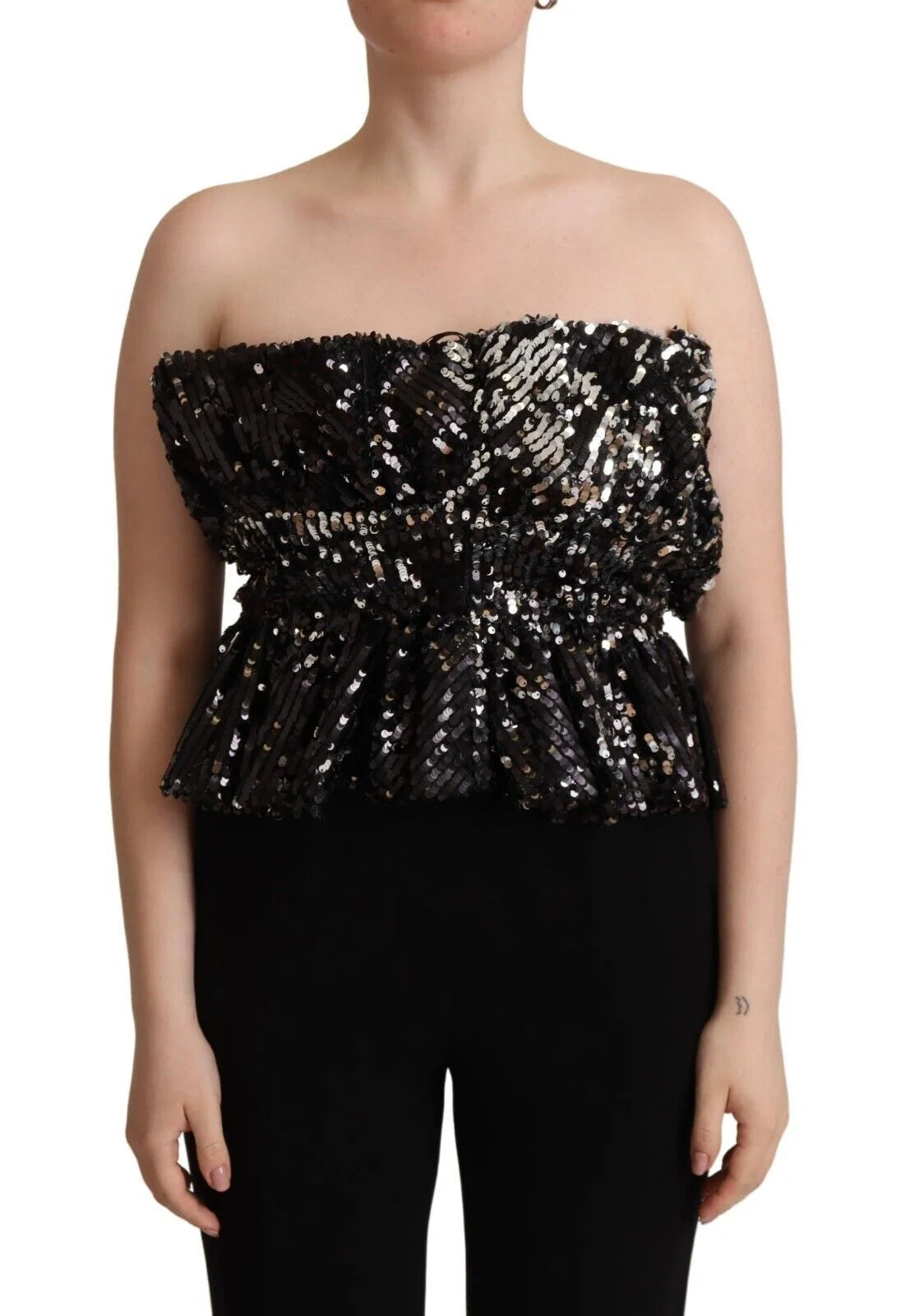 Aniye By Black Sequined Polyester Strapless Cocktail Blouse Top - IT42|M - Blouses