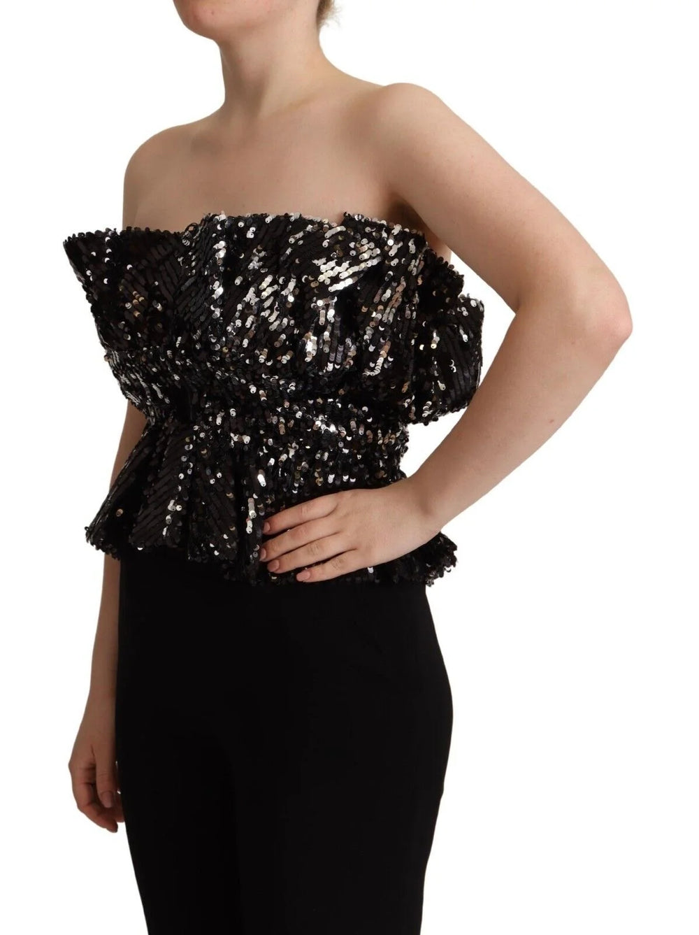Aniye By Black Sequined Polyester Strapless Cocktail Blouse Top - IT42|M - Blouses