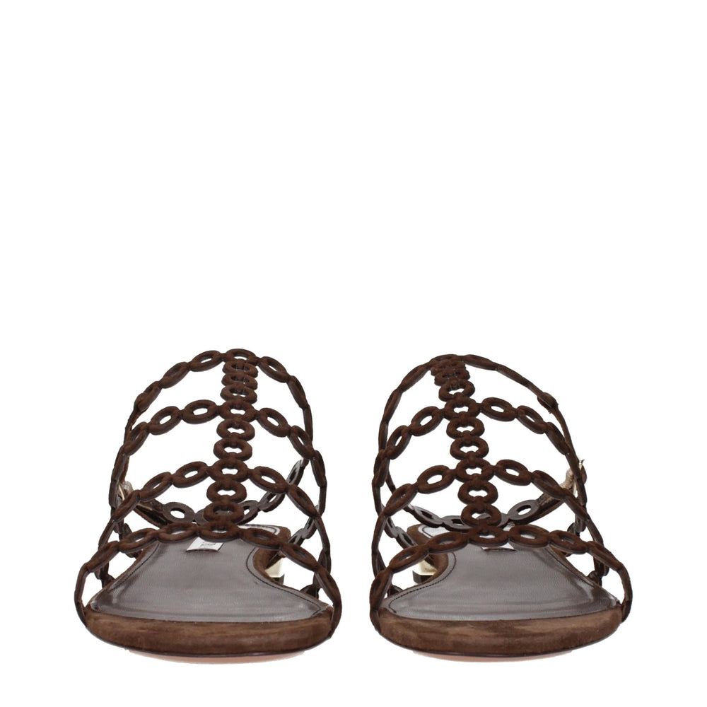 Aquazzura Brown Leather Flat Sandals - EU38/US8