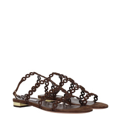 Aquazzura Brown Leather Flat Sandals - EU38/US8