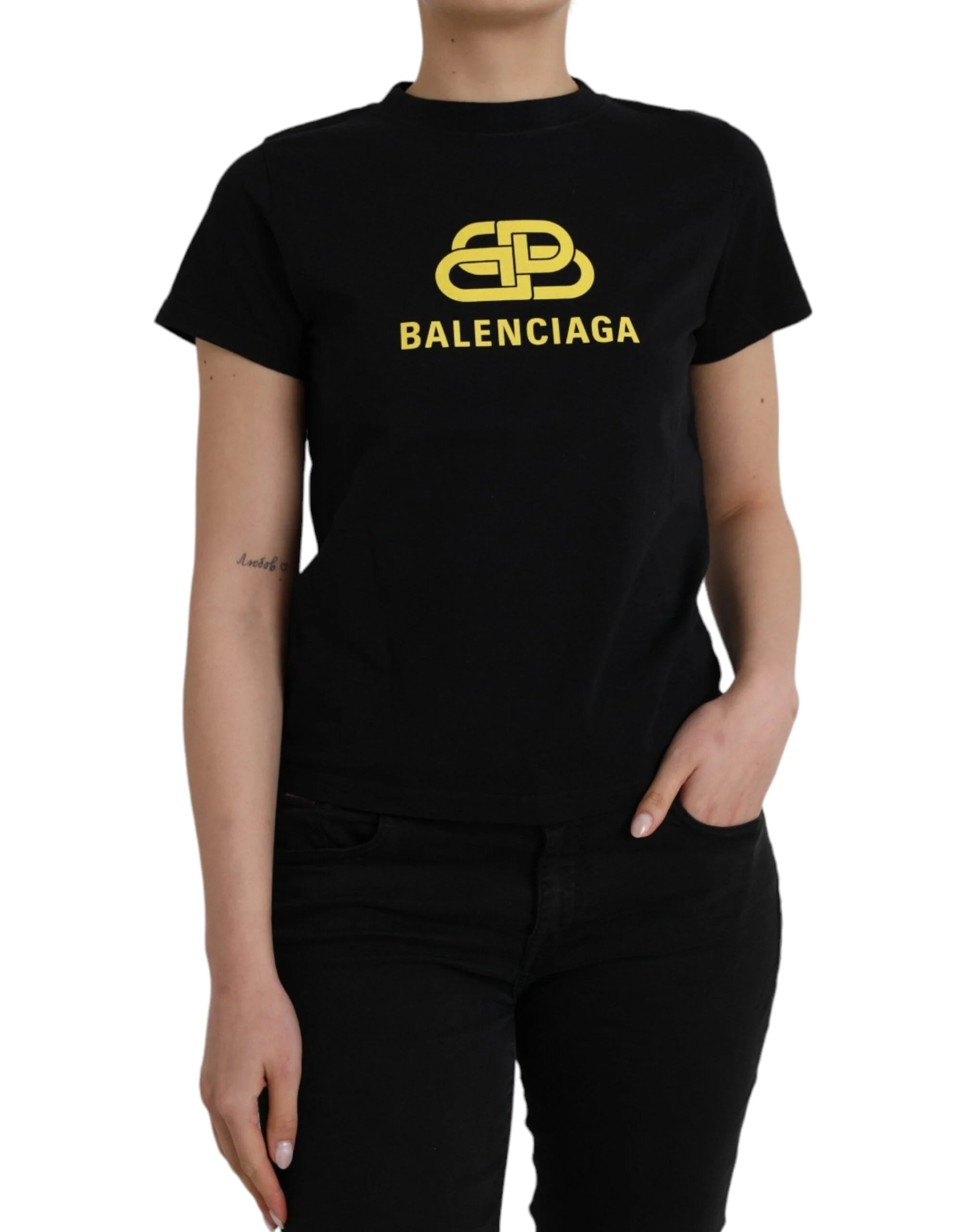 Balenciaga Black Cotton Logo Print Crew Neck Short Sleeves T-shirt - T-Shirts