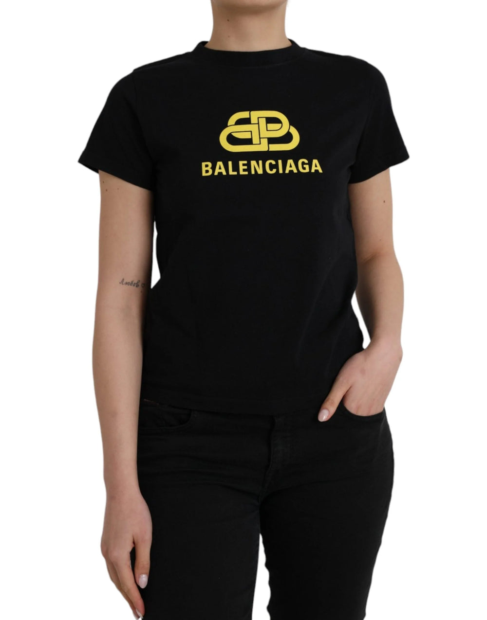 Balenciaga Black Cotton Logo Print Crew Neck Short Sleeves T-shirt - T-Shirts