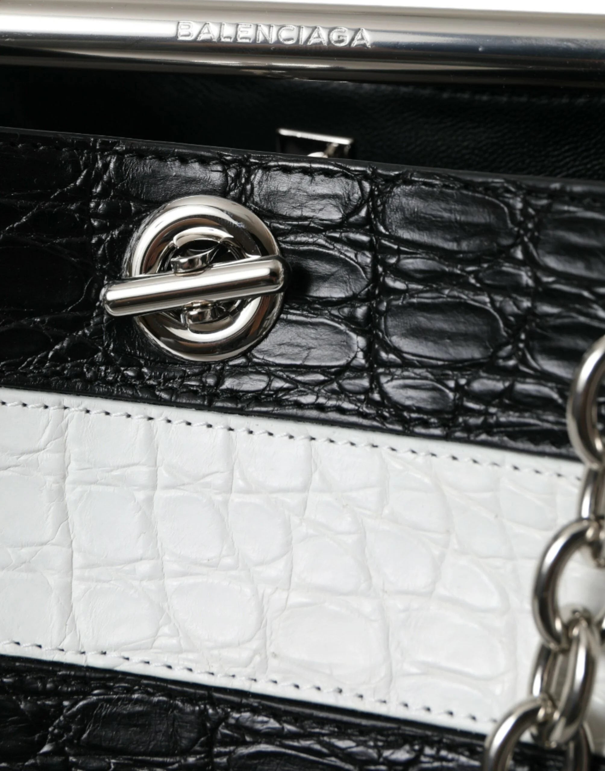 Balenciaga Black White Striped Exotic Skin Leather Maxi Bucket Tote Bag - Bucket Bags