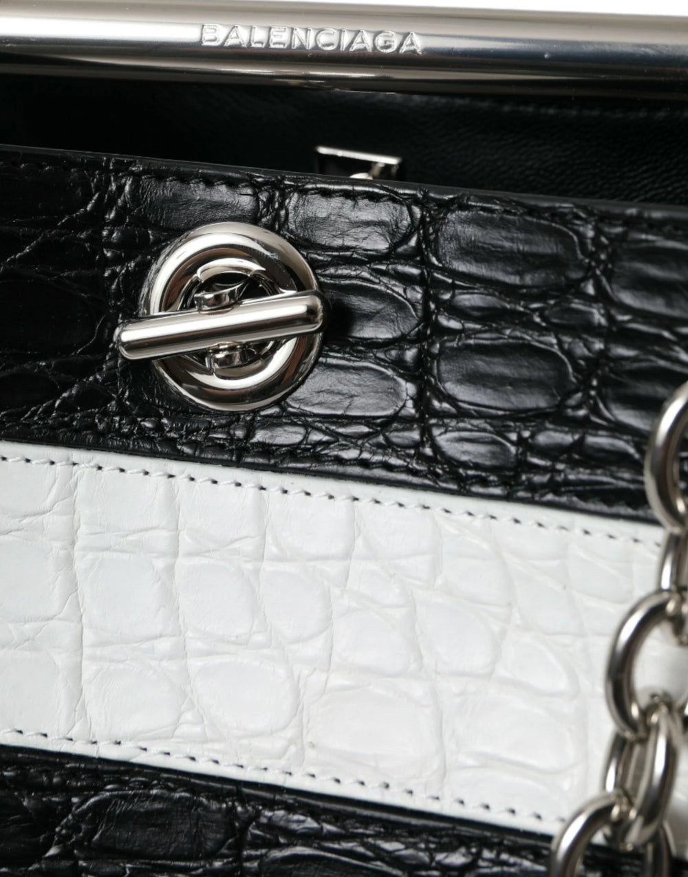 Balenciaga Black White Striped Exotic Skin Leather Maxi Bucket Tote Bag - Bucket Bags