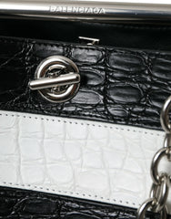 Balenciaga Black White Striped Exotic Skin Leather Maxi Bucket Tote Bag - Bucket Bags