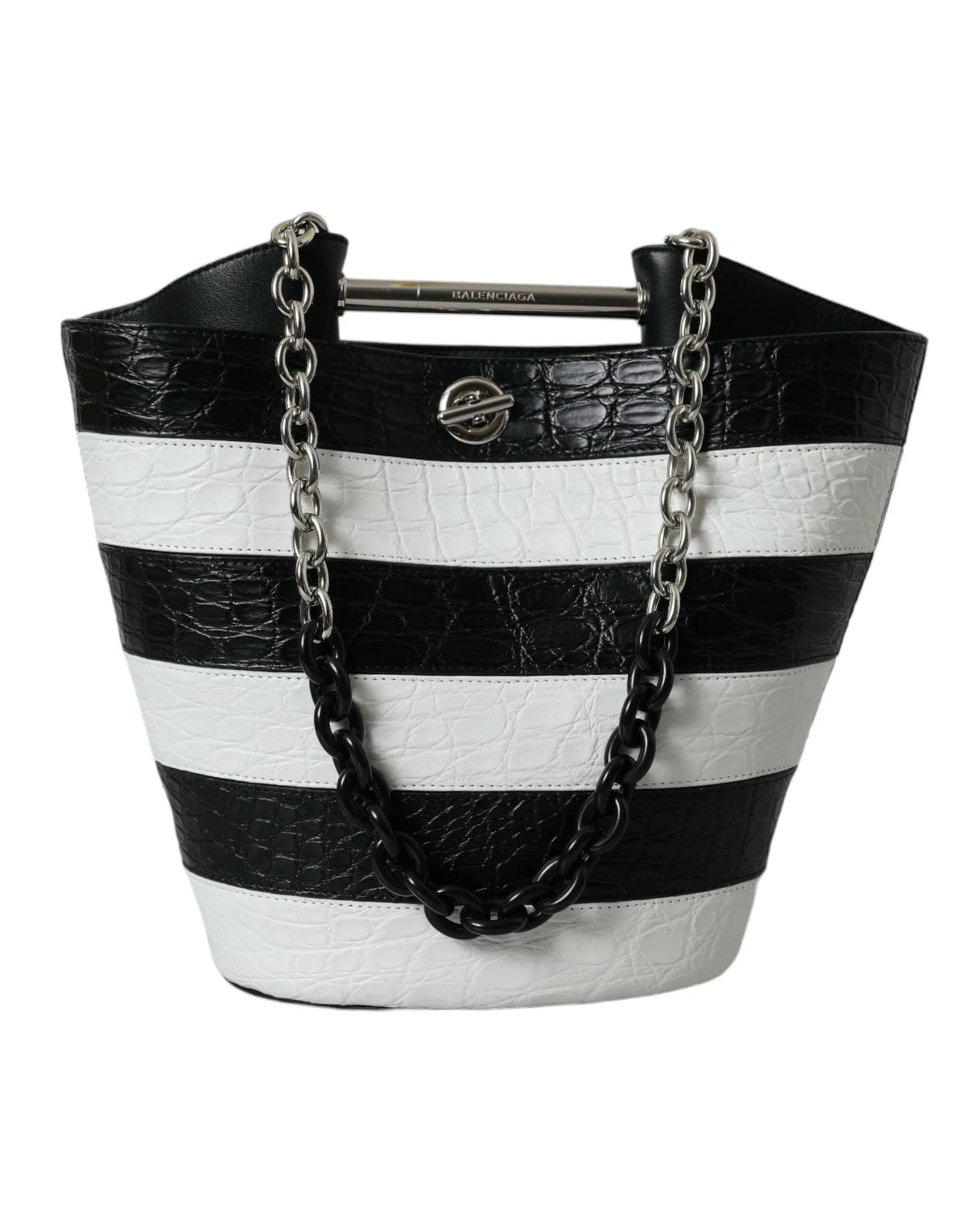 Balenciaga Black White Striped Exotic Skin Leather Maxi Bucket Tote Bag - Bucket Bags