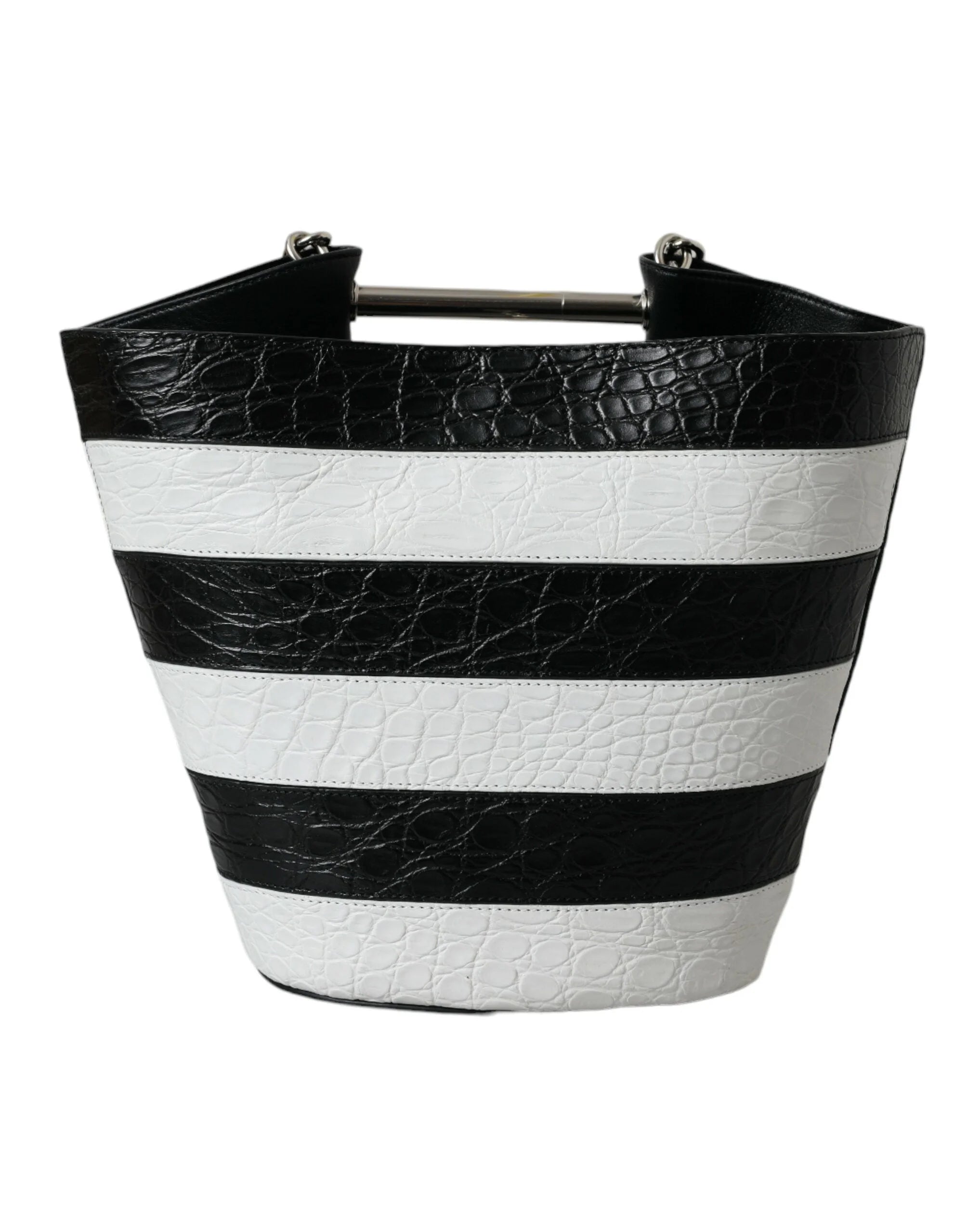 Balenciaga Black White Striped Exotic Skin Leather Maxi Bucket Tote Bag - Bucket Bags