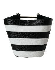 Balenciaga Black White Striped Exotic Skin Leather Maxi Bucket Tote Bag - Bucket Bags