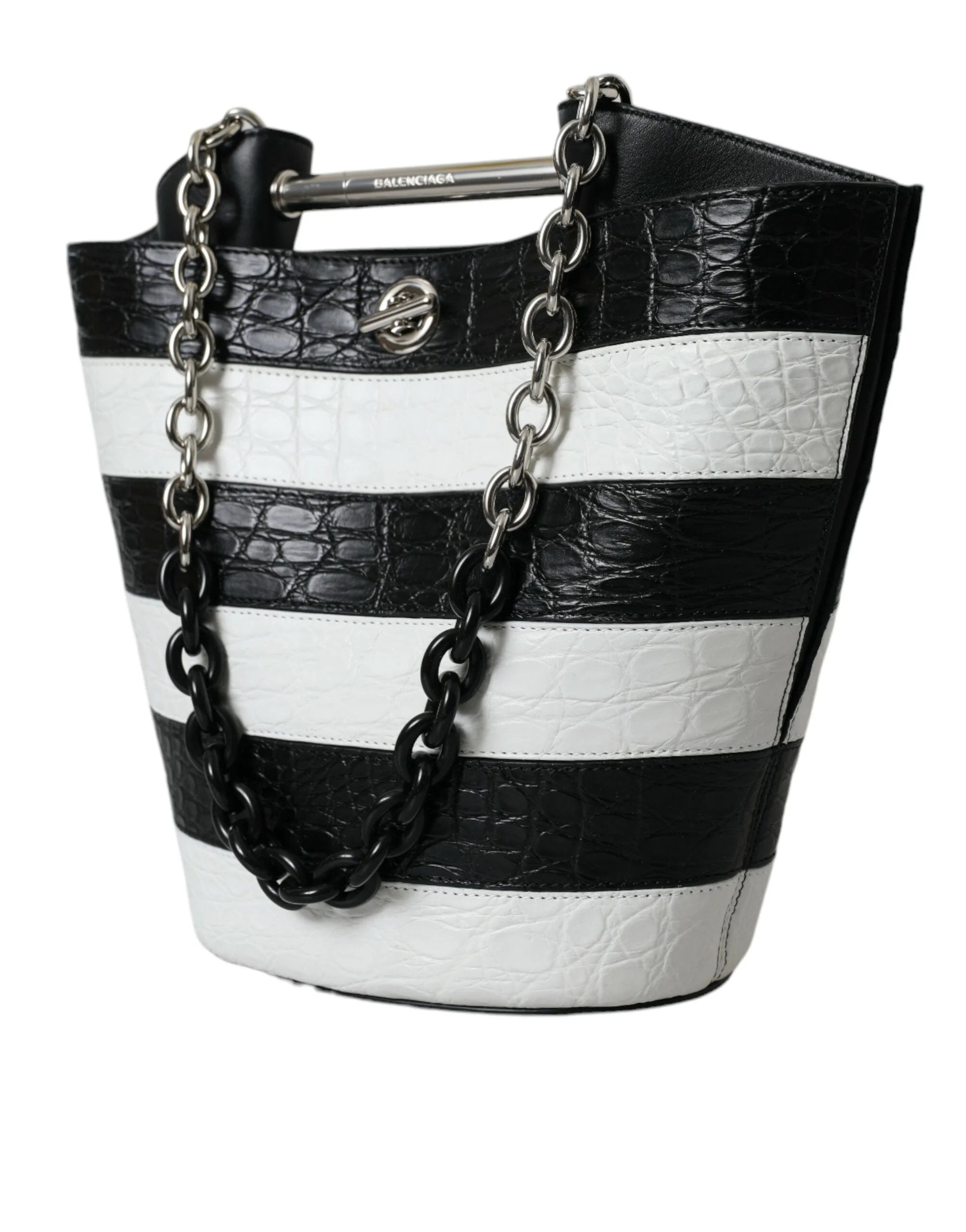 Balenciaga Black White Striped Exotic Skin Leather Maxi Bucket Tote Bag - Bucket Bags