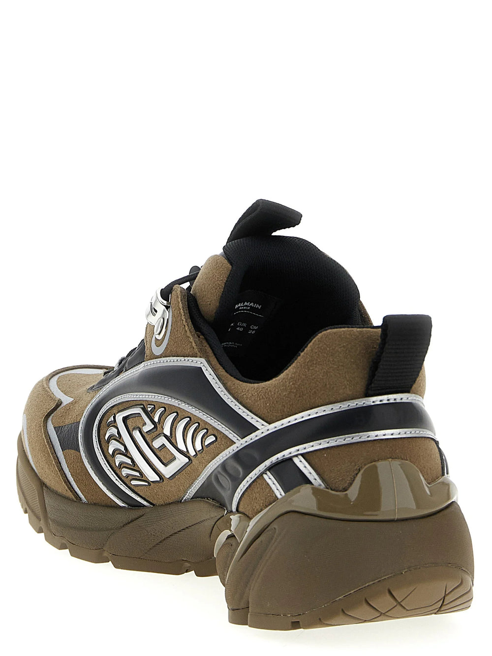 Rear view of Balmain bicolor sneakers highlighting the reinforced heel structure and luxury branding details.
