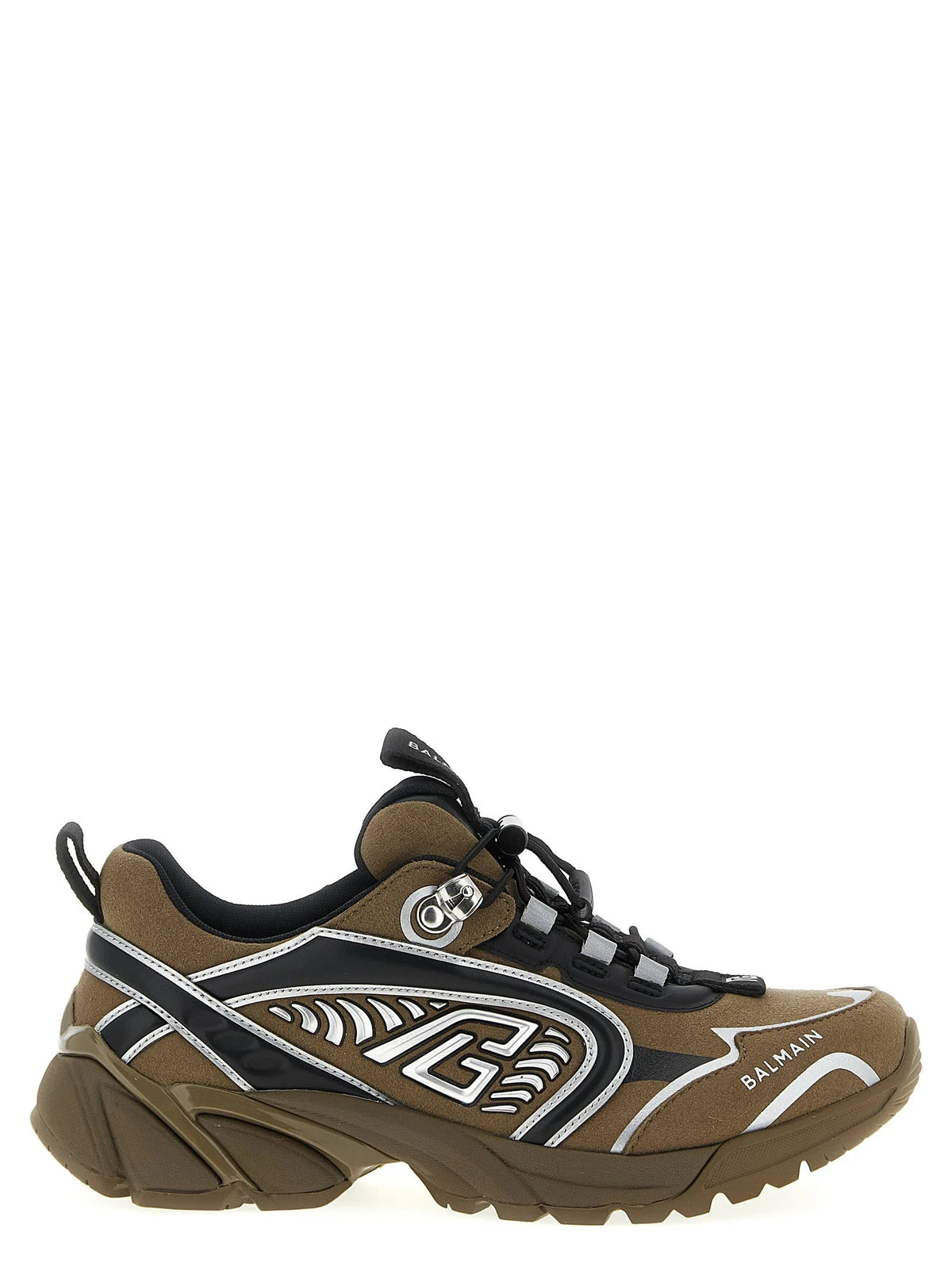 Balmain bicolor polyethylene athletic sneakers in a striking black and white colorway with a sculptural platform sole.