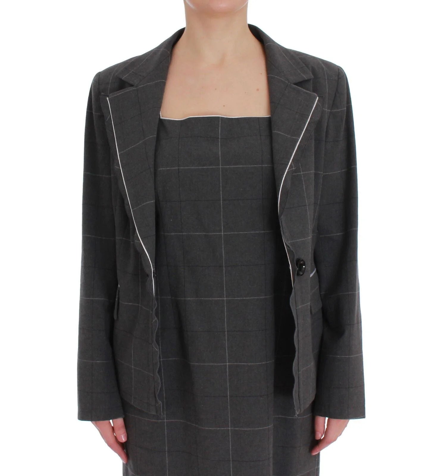 BENCIVENGA Gray Checkered Cotton Blazer Dress Set Suit - IT50 | XXL - Pant Suits