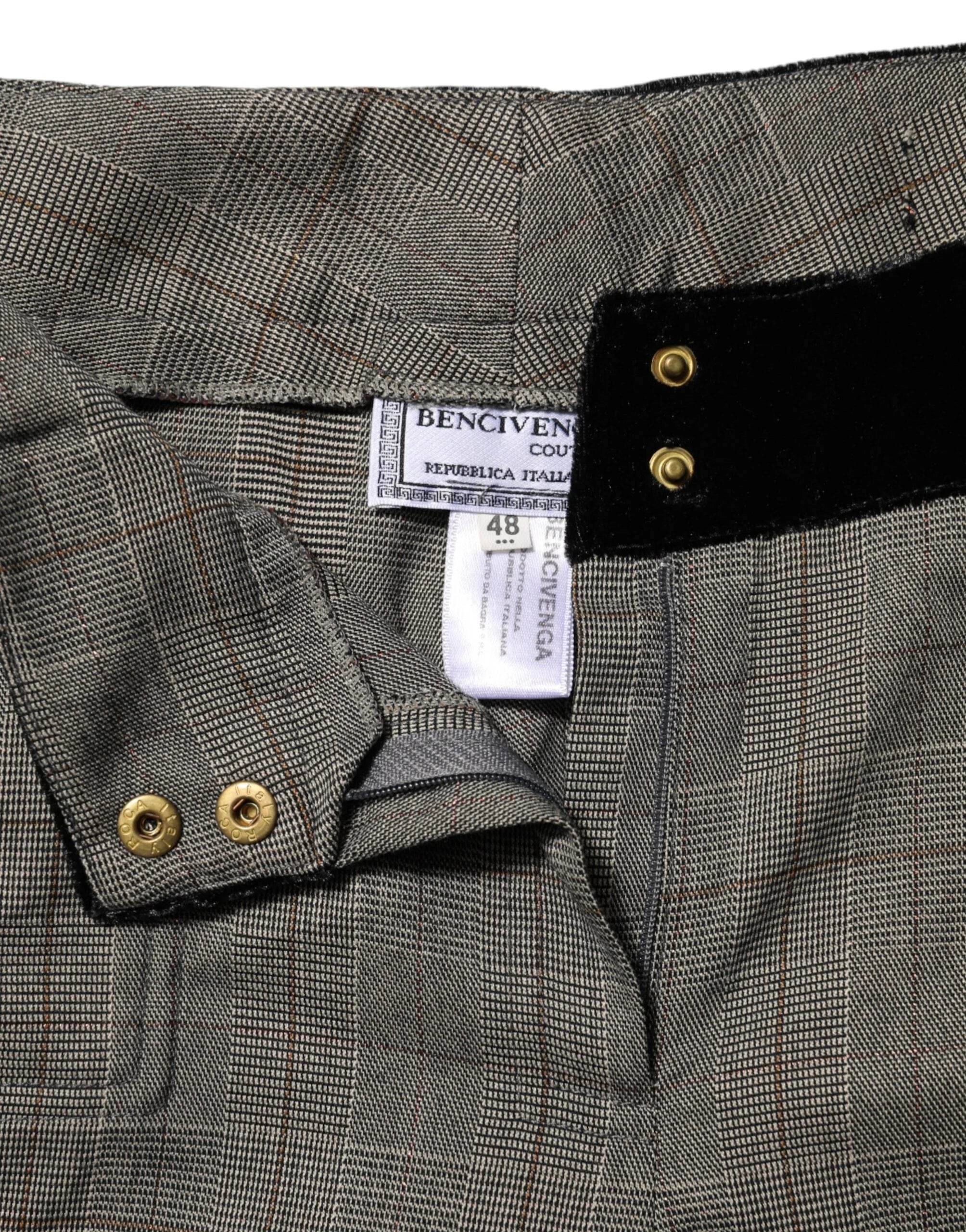 BENCIVENGA Gray Wool Blend Plaid Straight Leg Velvet Waist Pants - IT48|XXL - Trousers