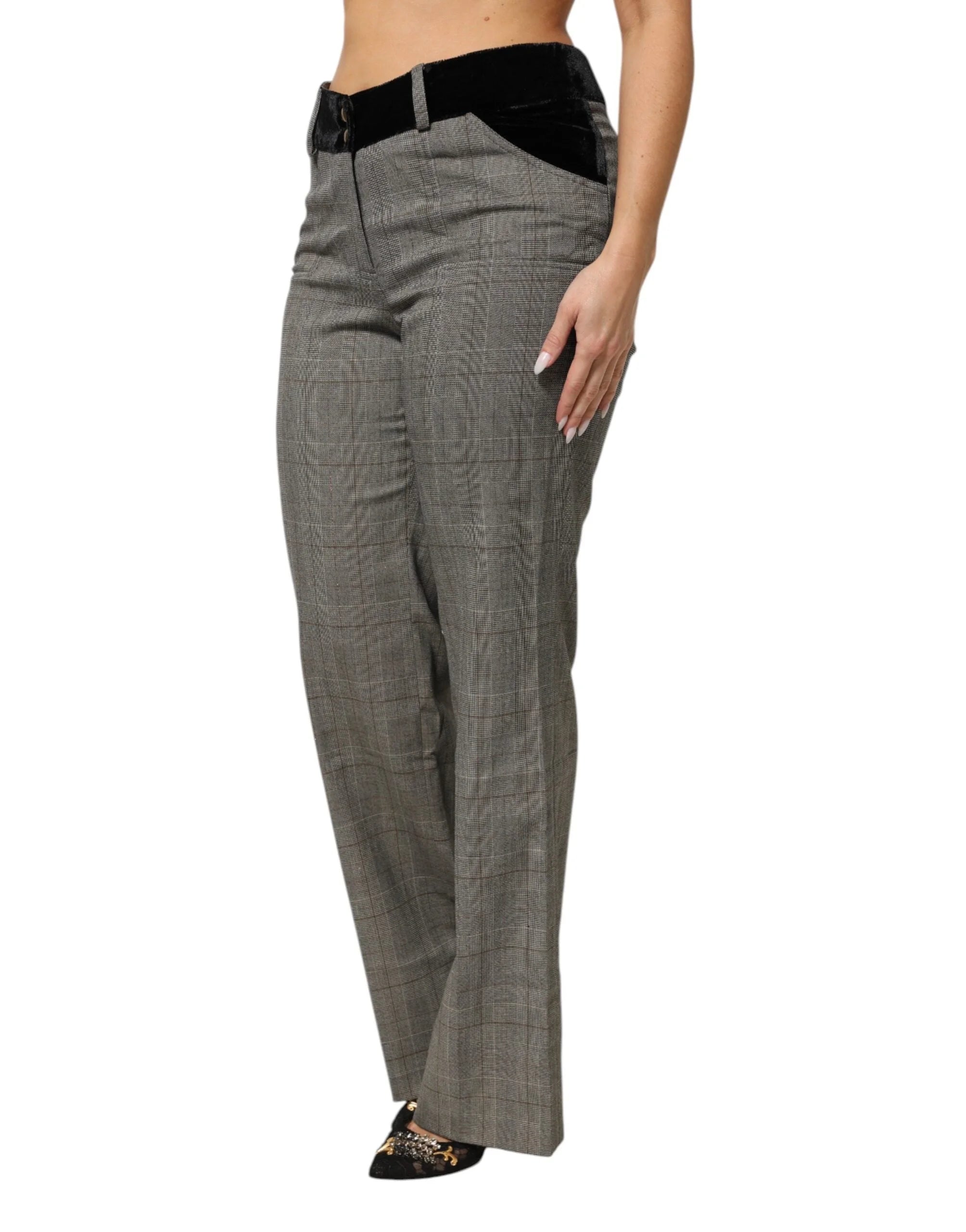 BENCIVENGA Gray Wool Blend Plaid Straight Leg Velvet Waist Pants - IT48|XXL - Trousers