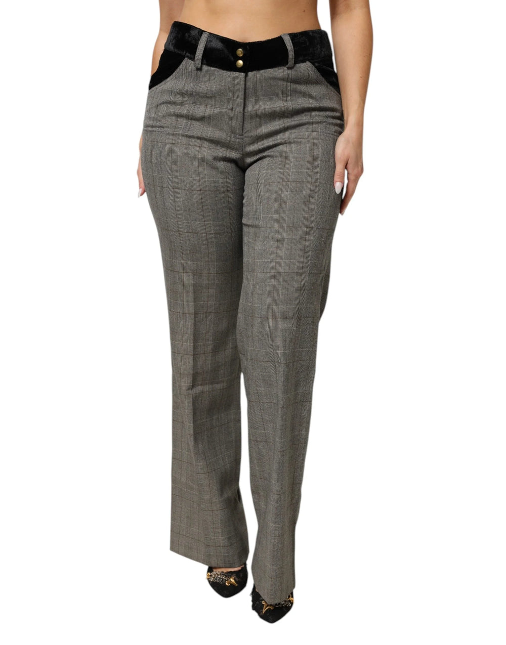 BENCIVENGA Gray Wool Blend Plaid Straight Leg Velvet Waist Pants - IT48|XXL - Trousers