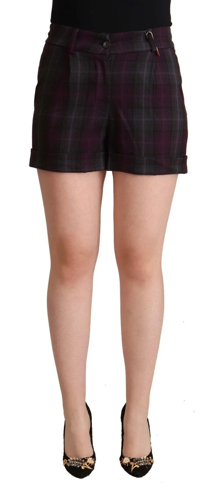 BENCIVENGA Multicolor Checkered Mid Waist Folded Hem Shorts - Short Trousers