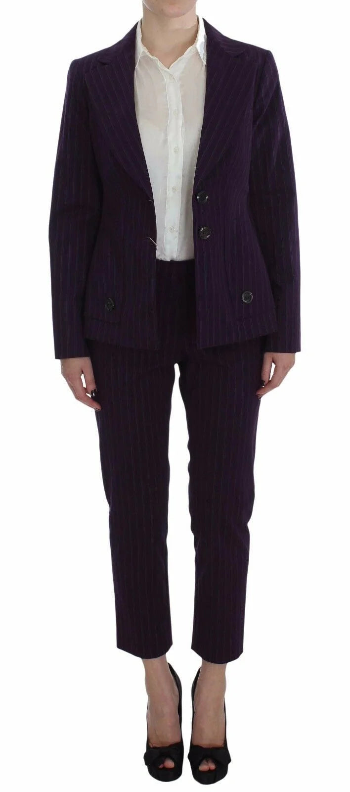 BENCIVENGA Purple Striped Stretch Coat Blazer Pants Suit - IT48 | XL - Pant Suits