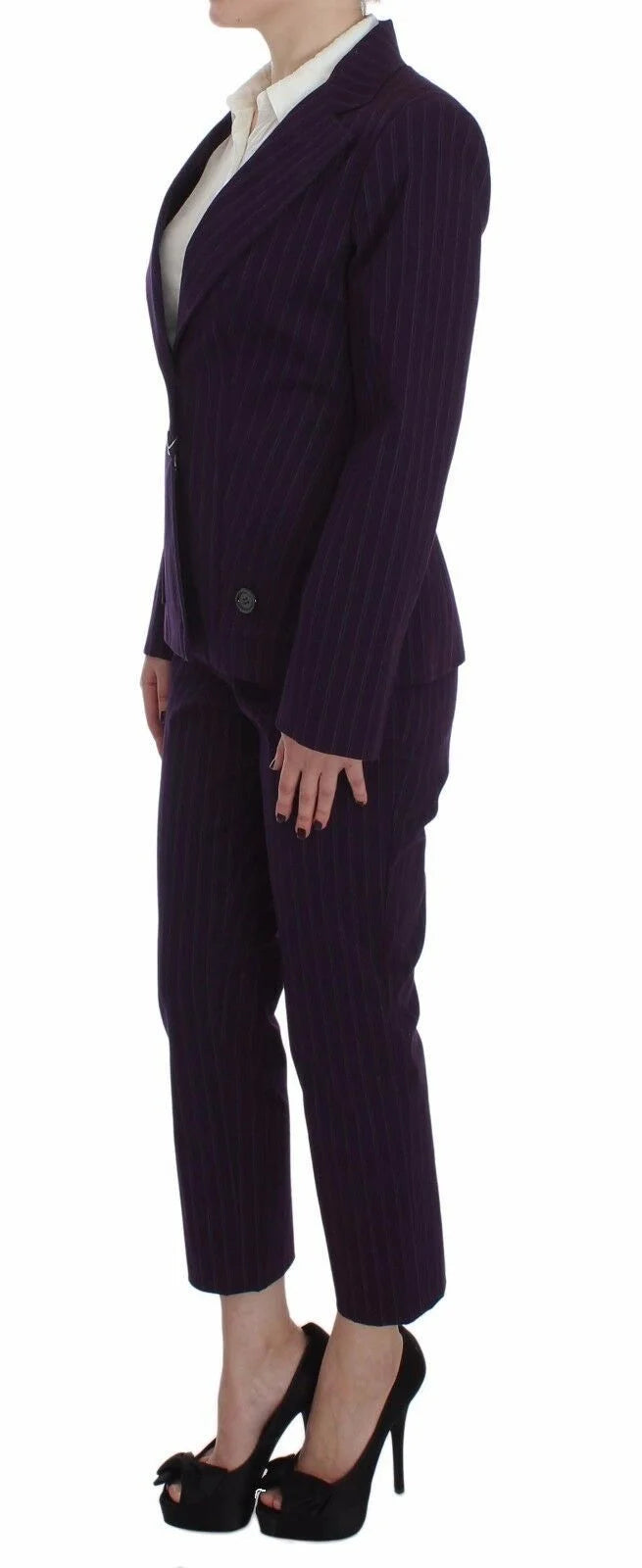 BENCIVENGA Purple Striped Stretch Coat Blazer Pants Suit - IT48 | XL - Pant Suits