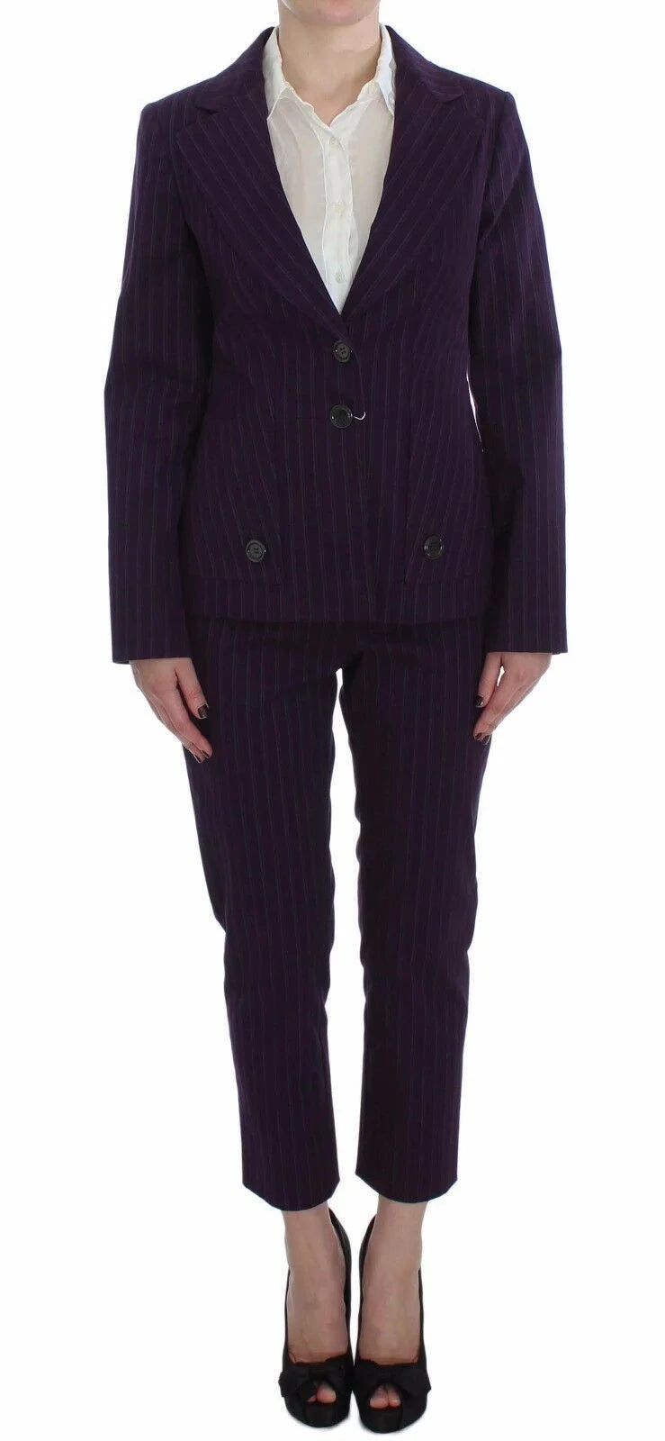 BENCIVENGA Purple Striped Stretch Coat Blazer Pants Suit - IT48 | XL - Pant Suits