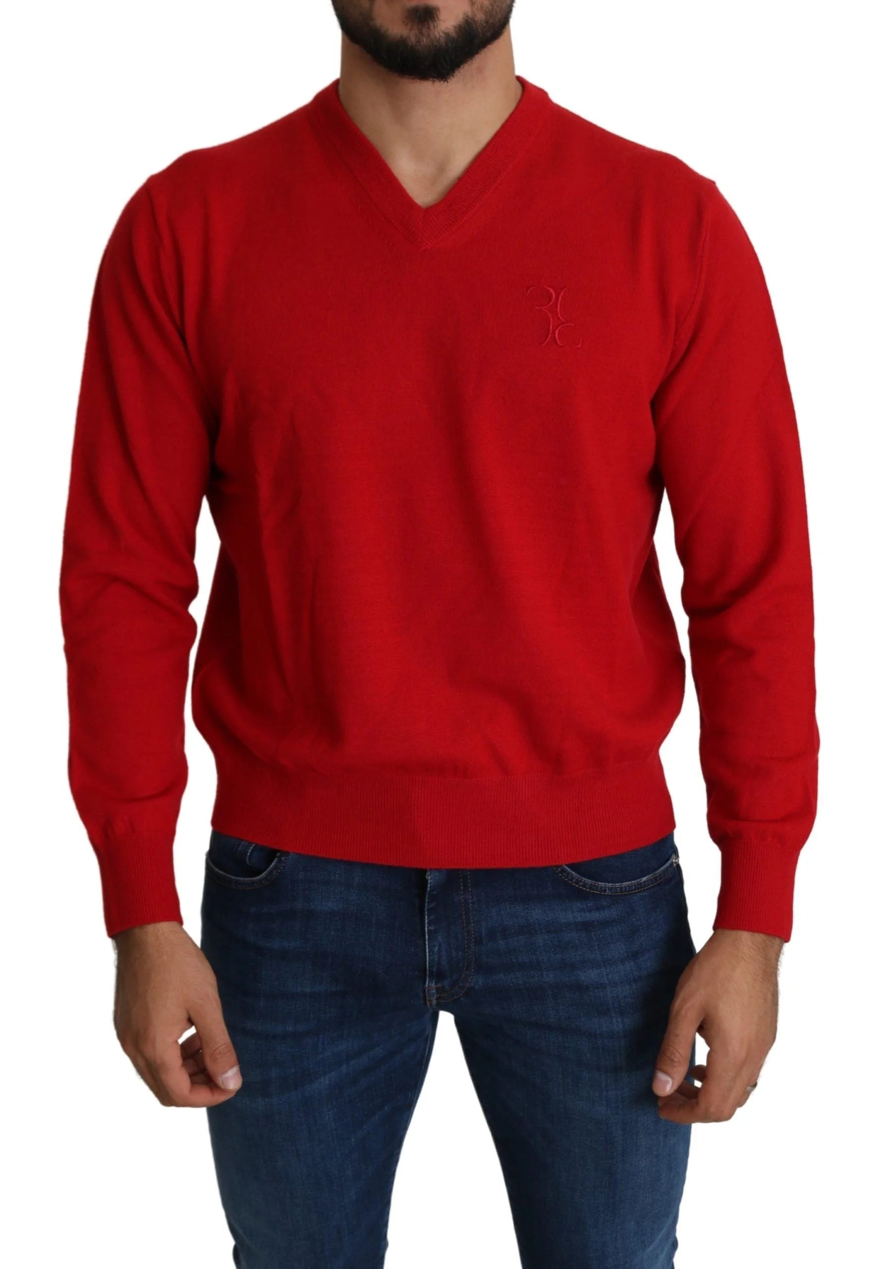 Billionaire Italian Couture Red V-neck Wool Sweatshirt Pullover Sweater - XL - Sweaters