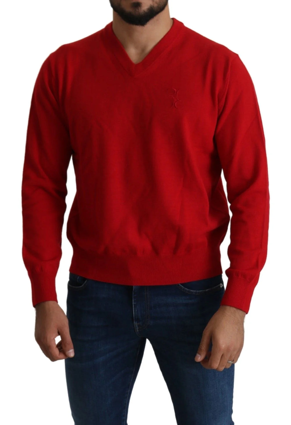 Billionaire Italian Couture Red V-neck Wool Sweatshirt Pullover Sweater - XL - Sweaters
