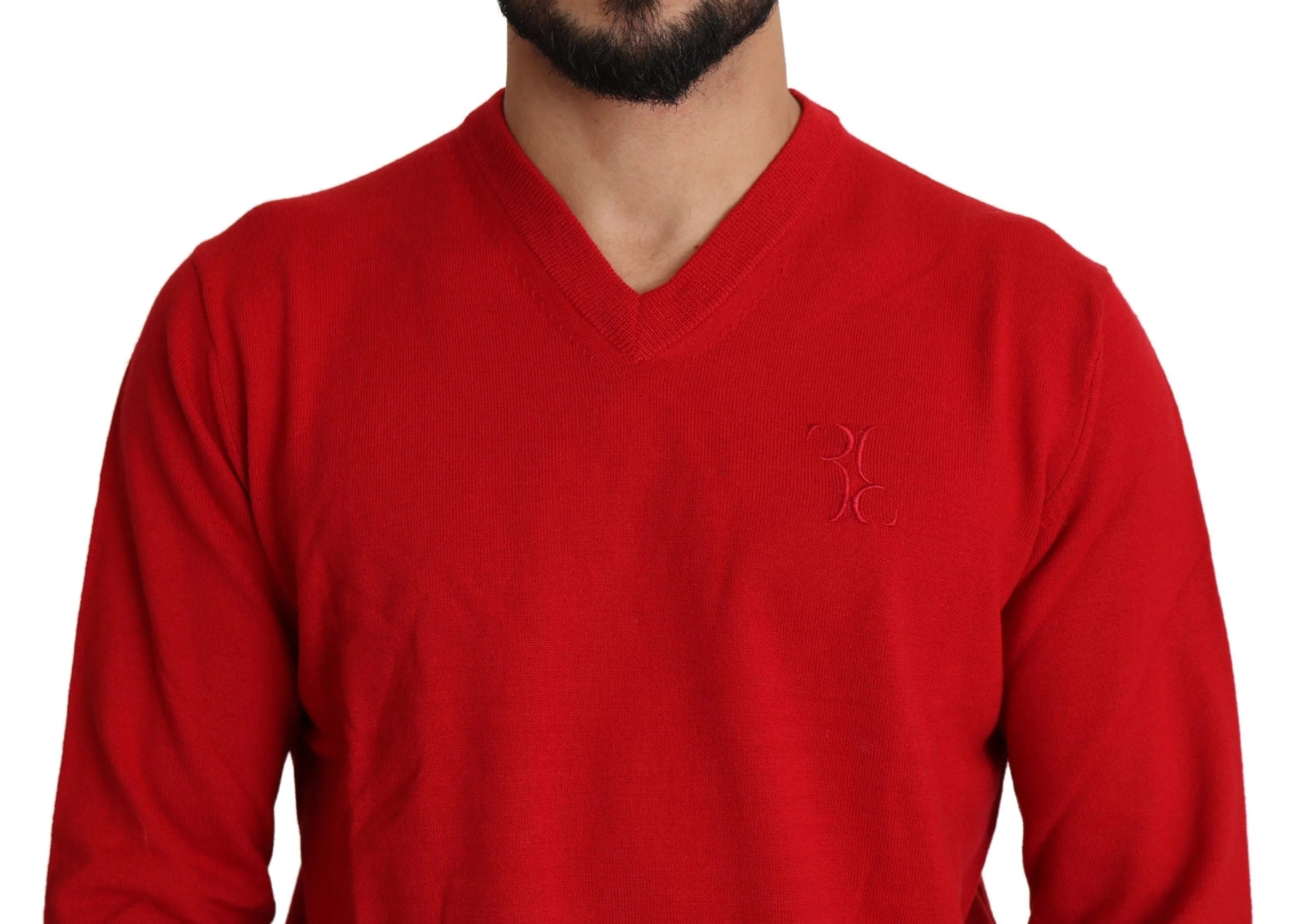 Billionaire Italian Couture Red V-neck Wool Sweatshirt Pullover Sweater - XL - Sweaters