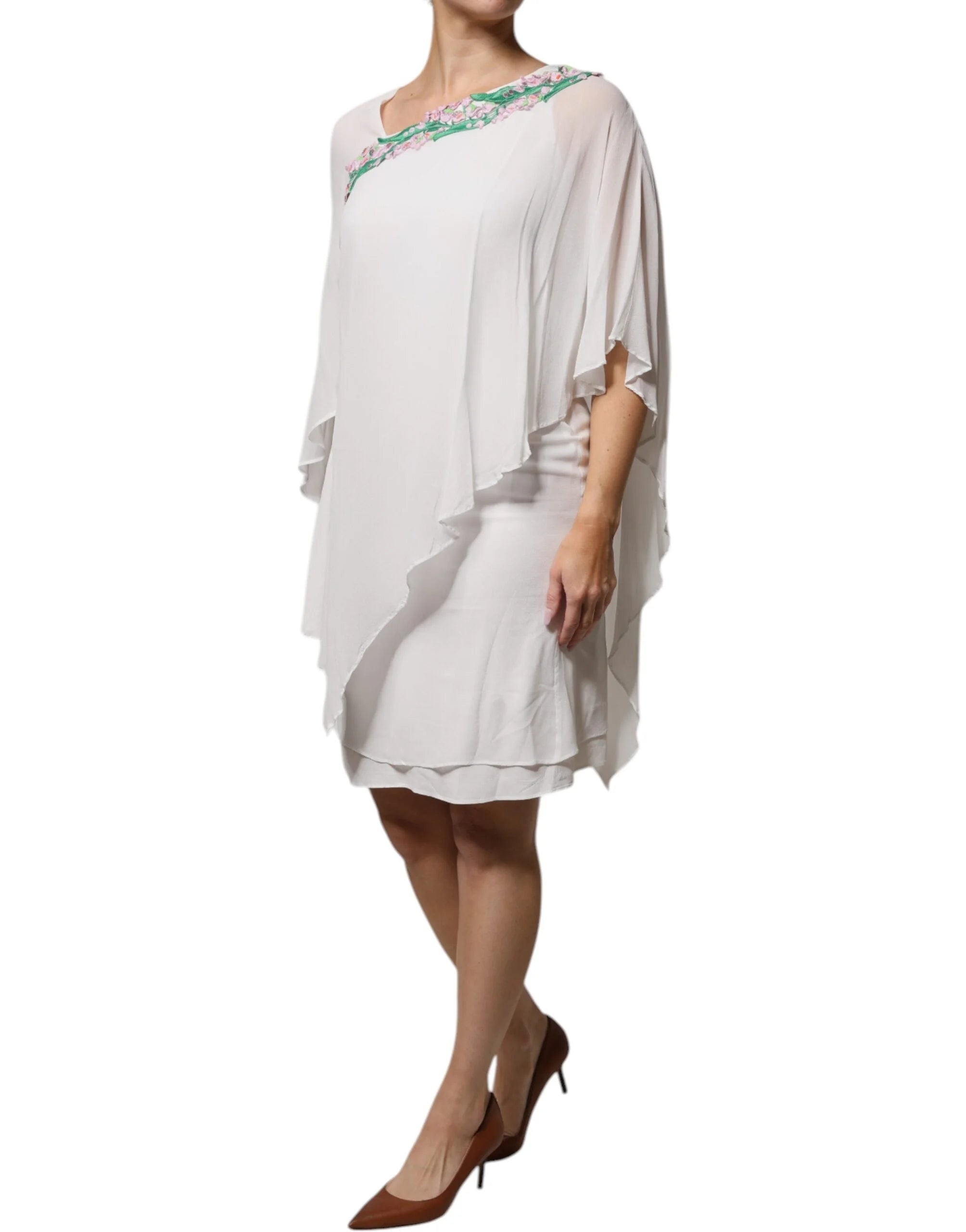 Blumarine White Floral Embroidery Viscose Chiffon Shift Dress - IT44 | L - Dresses