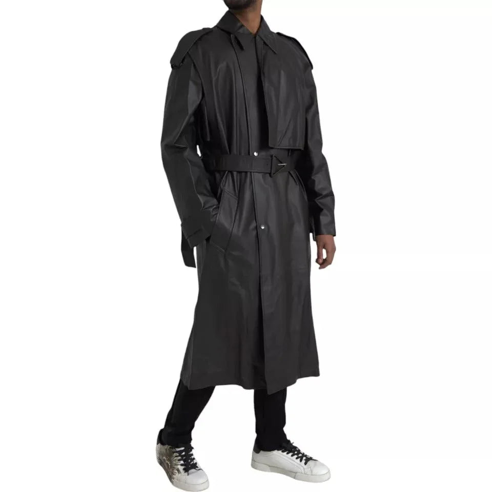Bottega Veneta Black Leather Men Waterproof Trenchcoat Jacket - Trench Coats