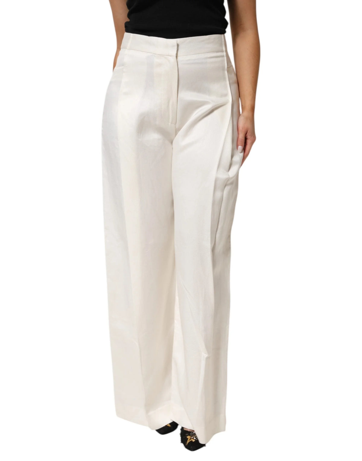 Brian Dales White Viscose Linen Wide Leg Palazzo Womens Pants - IT44 | L - Trousers