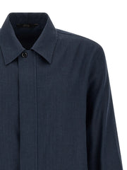 Brioni Blue Linen Full-Length Jacket