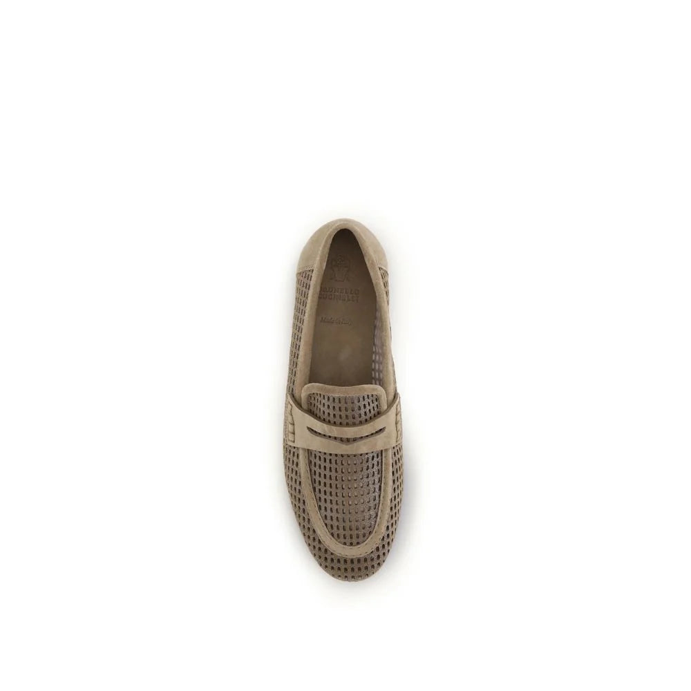 Brunello Cucinelli Beige Calf Leather Bos Taurus Slip-On Loafers