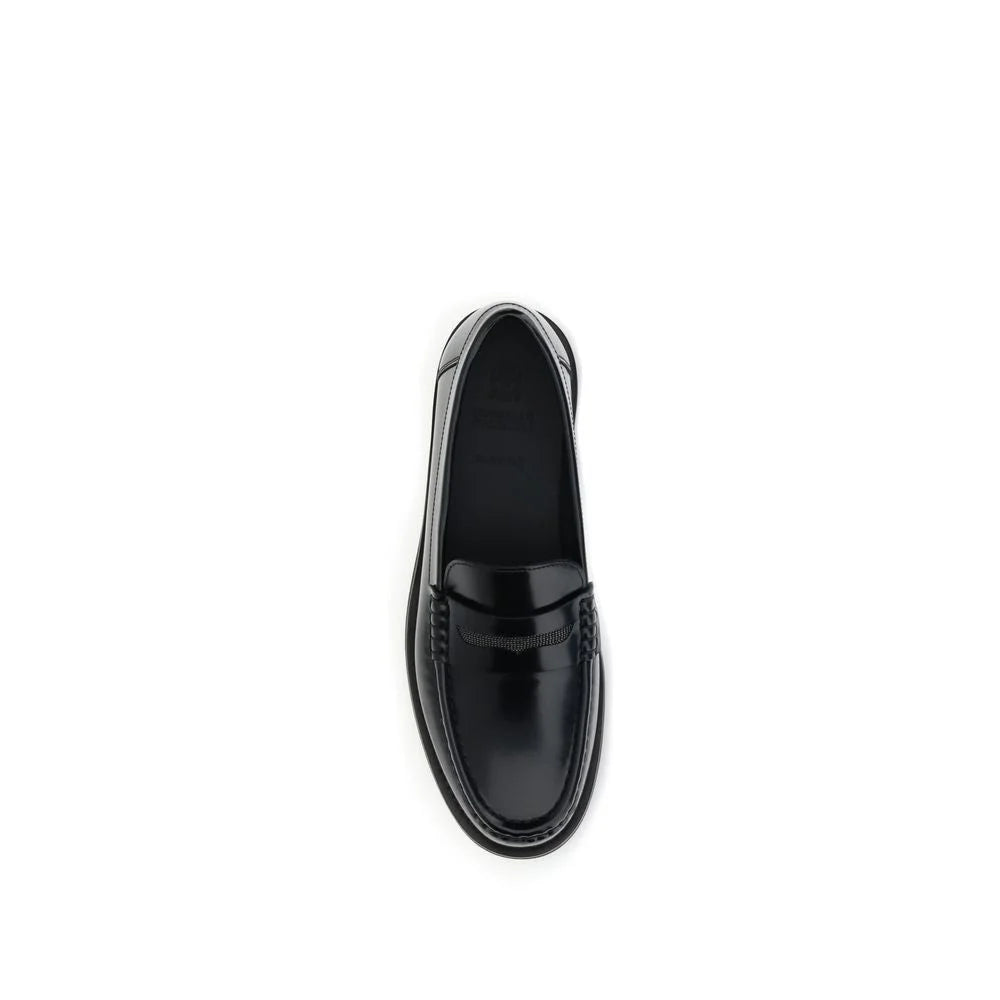 Brunello Cucinelli Black Leather Slip-On Loafers - Flats