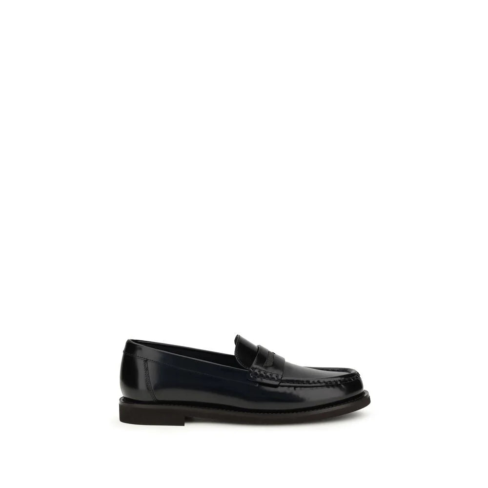 Brunello Cucinelli Black Leather Slip-On Loafers - Flats