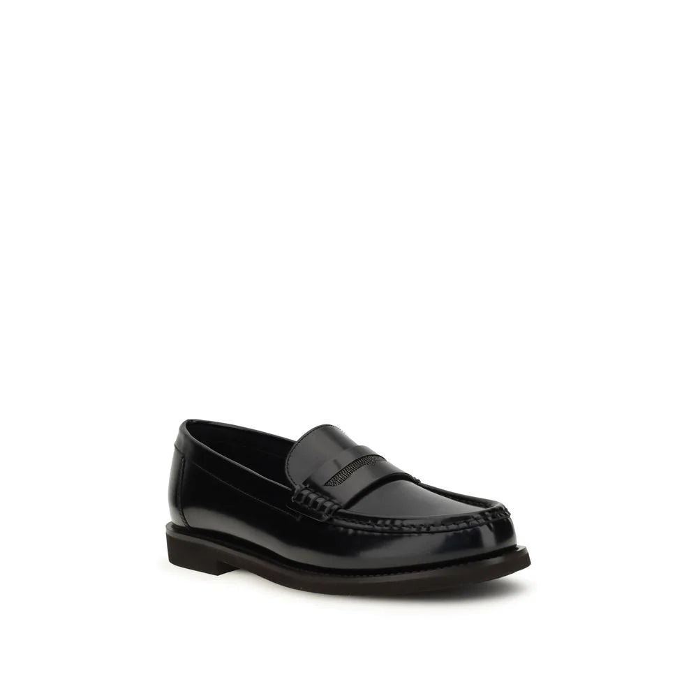 Brunello Cucinelli Black Leather Slip-On Loafers - Flats