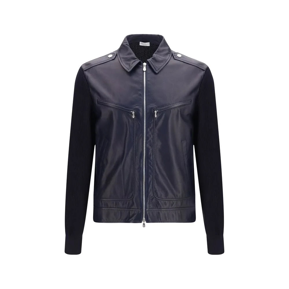 Brunello Cucinelli Blue Calf Leather Bos Taurus Leather Jacket - L
