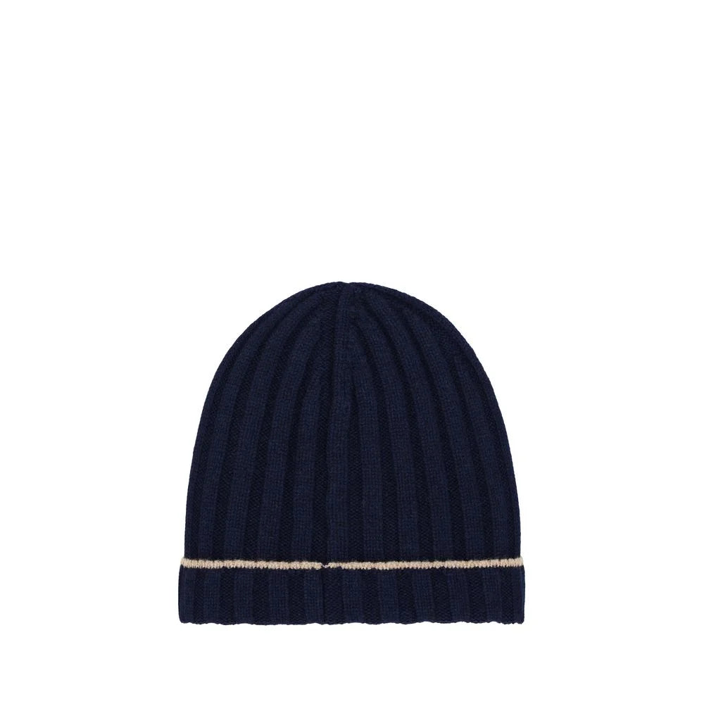 Vue de face d'un bonnet pour homme Brunello Cucinelli en cachemire bleu marine à côtes, avec un ourlet replié classique.