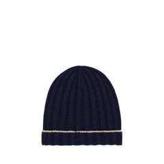 Vue de face d'un bonnet pour homme Brunello Cucinelli en cachemire bleu marine à côtes, avec un ourlet replié classique.