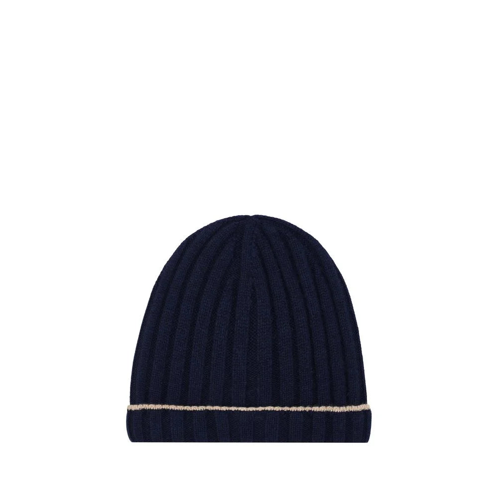 Profil latéral du bonnet en cachemire Brunello Cucinelli bleu marine, mettant en valeur la texture douce et le tricot de précision.